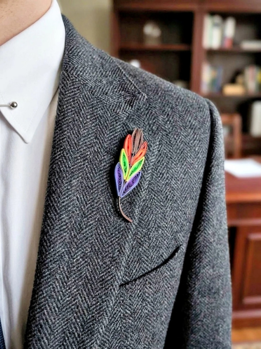Rainbow Quilled Paper Feather Lapel Pin
